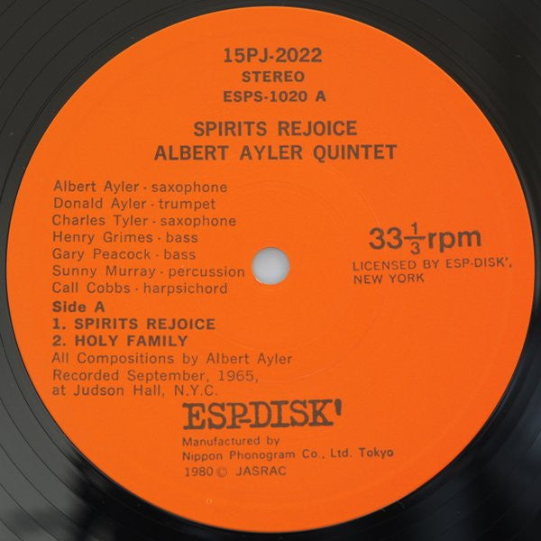 Albert Ayler Quintet : Spirits Rejoice (LP, Album, RE)