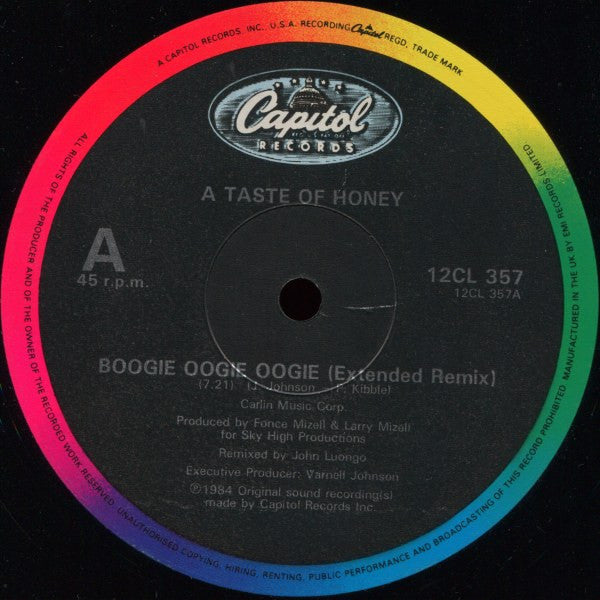 A Taste Of Honey : Boogie Oogie Oogie (Extended Re-Mix) (12", Single)