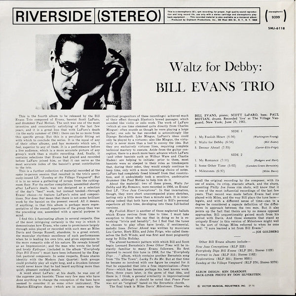 The Bill Evans Trio : Waltz For Debby (LP, Album, RE)