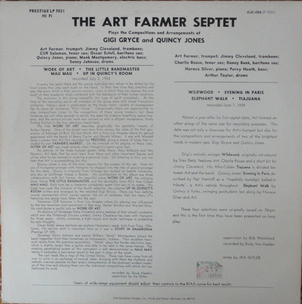 The Art Farmer Septet : The Art Farmer Septet (Plays The Arrangements Of Gigi Gryce And Quincy Jones) (LP, Comp, RE)