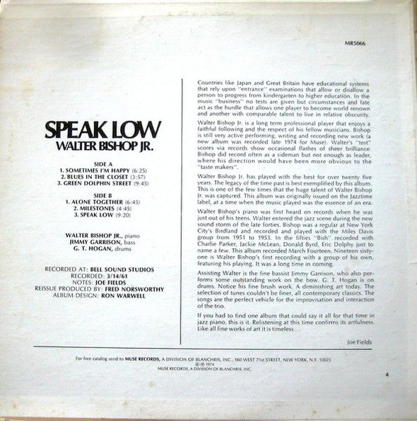 Walter Bishop, Jr. : Speak Low (LP, Album, RE)