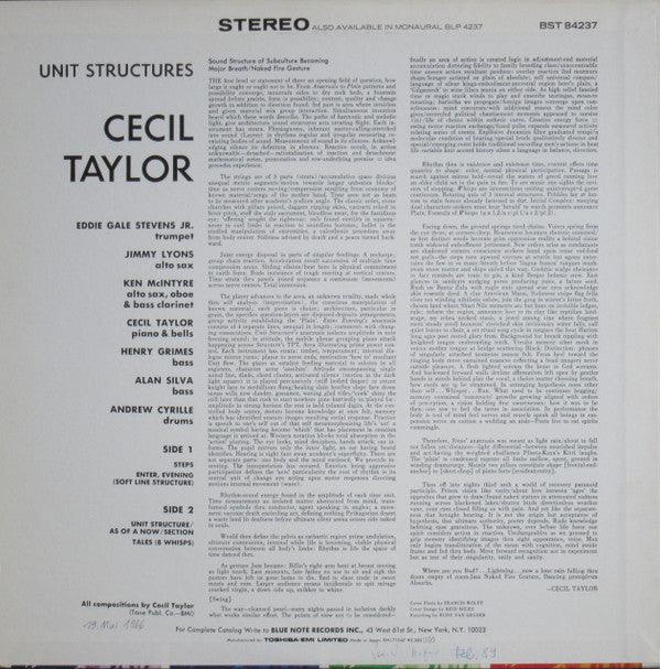Cecil Taylor : Unit Structures (LP, Album, RE)