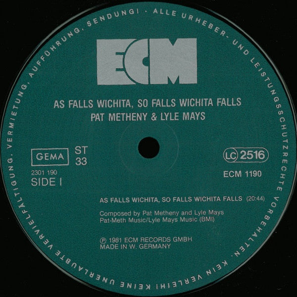 Pat Metheny & Lyle Mays : As Falls Wichita, So Falls Wichita Falls (LP, Album)