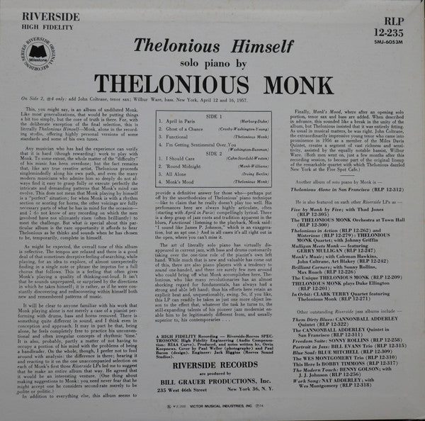 Thelonious Monk : Thelonious Himself (LP, Album, Mono, RE)