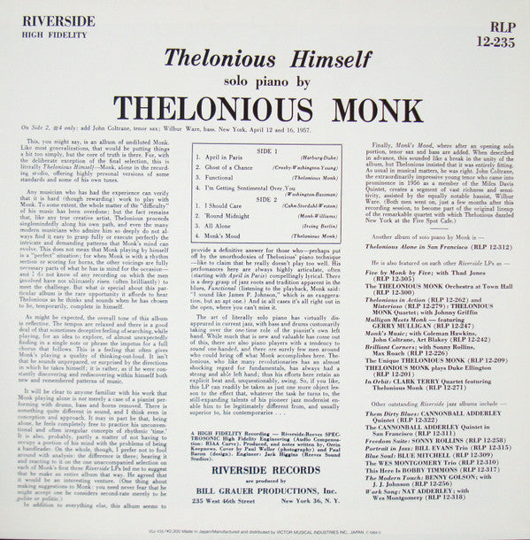 Thelonious Monk : Thelonious Himself (LP, Album, Mono, RE)