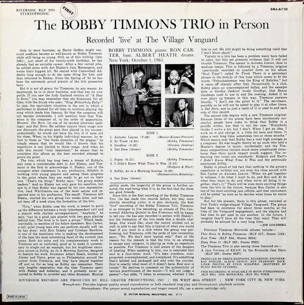 The Bobby Timmons Trio : In Person - Recorded 'Live' At The Village Vanguard (LP, Album, RE)